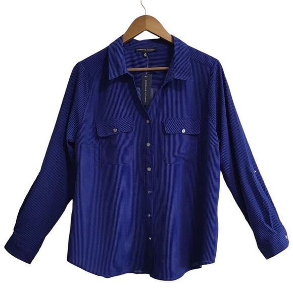 Adrienne Vittadini Blue Stripe Button Down Long Sleeve Top - Picture 1 of 9